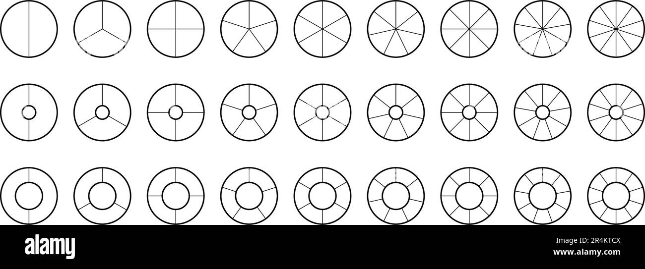 Collezione di segmenti grafici a ciambelle e a torta. Set di schemi di cerchi e ruote. Sezioni di contorno e pacchetto di sezioni. Da 2 a 10 segmenti di grafici infografici. Diverse fasi e fasi del ciclo. Vettore Illustrazione Vettoriale