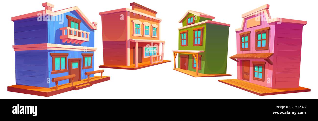 Set di cartoni animati di edifici selvaggi della città occidentale isolati su sfondo bianco. Illustrazione vettoriale di vecchia casa di legno, salone, hotel, sheriff ufficio, bar, acquista con facciate colorate. Architettura vintage Illustrazione Vettoriale