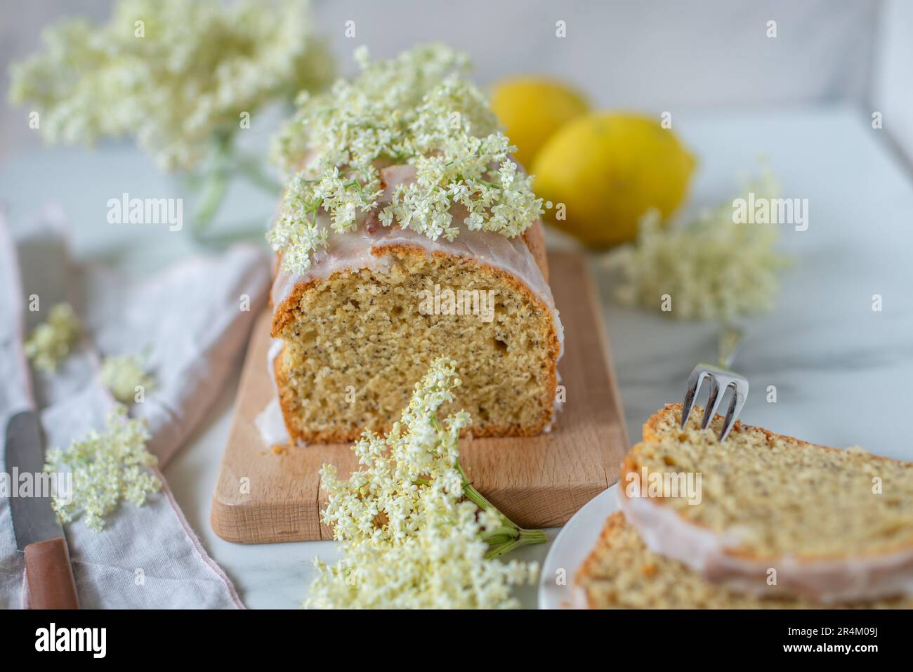 Sana dolce casa fatta sambuco torta di Spagna di fiori di sambuco su un tavolo Foto Stock