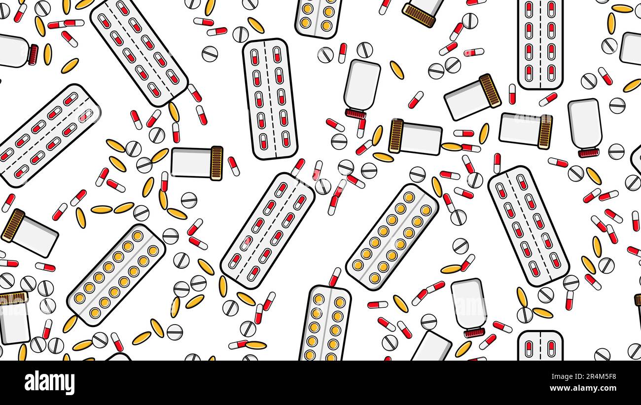 Struttura senza cuciture struttura di infinite compresse di medicina ripetitiva pillole dragee capsule record lattine di confezioni con farmaci vitamine farmaci su un bianco b Illustrazione Vettoriale