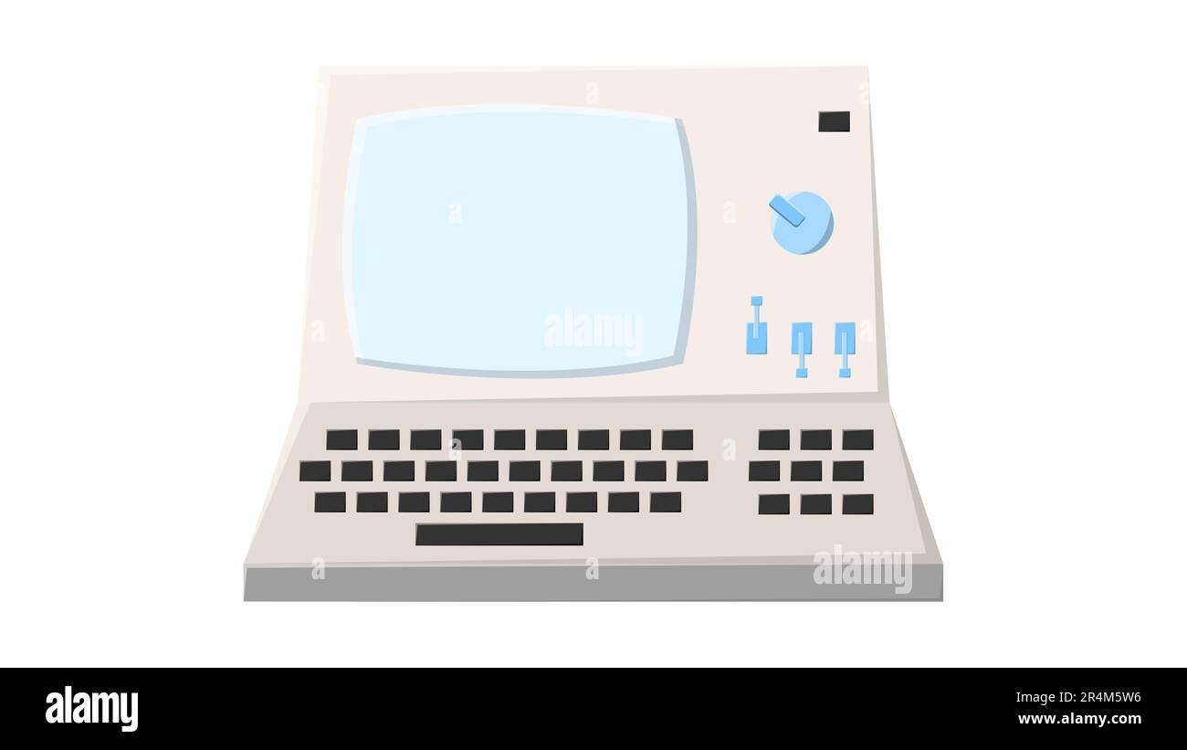 Vecchio computer retrò vintage Hipster, pc con monitor e tastiera dal 70s, 80s, 90s. Bella icona bianca. Illustrazione vettoriale. Illustrazione Vettoriale