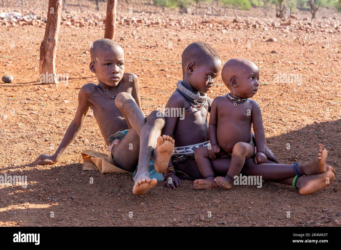 Bambini Himba in un villaggio Himba, Kaokoveld, Namibia, Africa Foto Stock