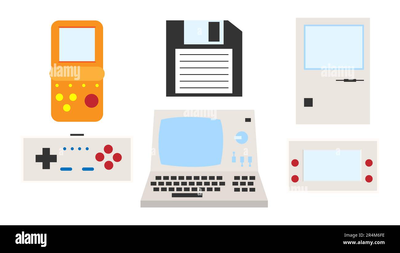 Set di vecchio retro tecnologia hipster elettronica computer, pc, floppy disk, console di gioco portatile video giochi dal 70s, 80s, 90s. Vettore Illustrazione Vettoriale