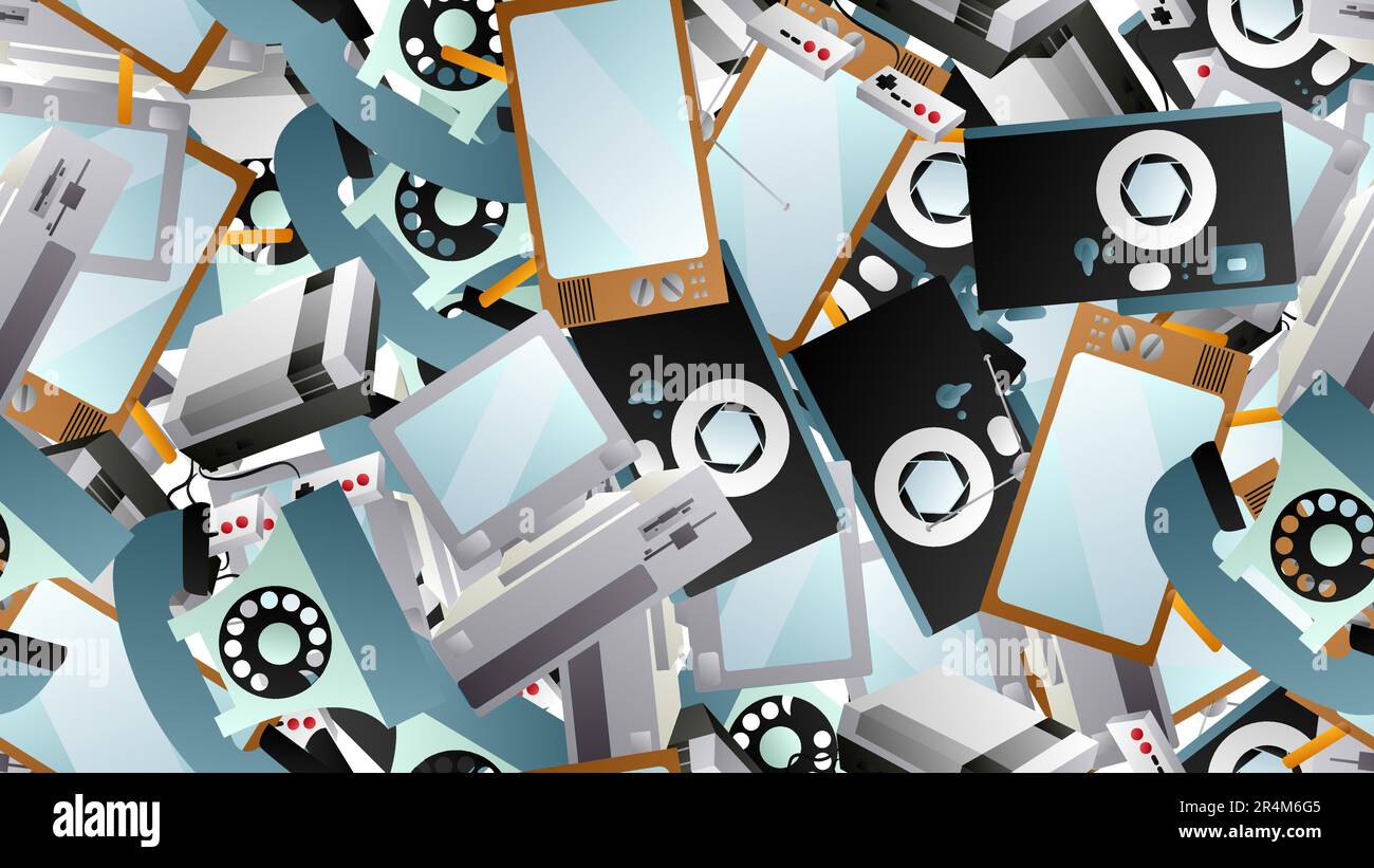 Modello senza giunture di retro vecchio dispositivi elettronici tecnologia computer cassette registratori a nastro telefoni cellulari dal 70s, 80s, 90s, 2000s, ba Illustrazione Vettoriale