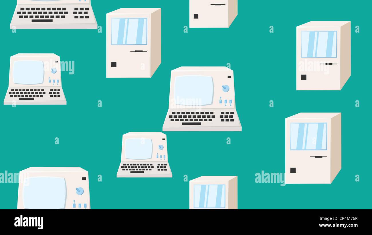 Computer senza interruzioni con vecchi computer retrò, PC hipster bianco vintage da 70s, 80s, 90s isolato su sfondo verde. Illustrazione vettoriale Illustrazione Vettoriale