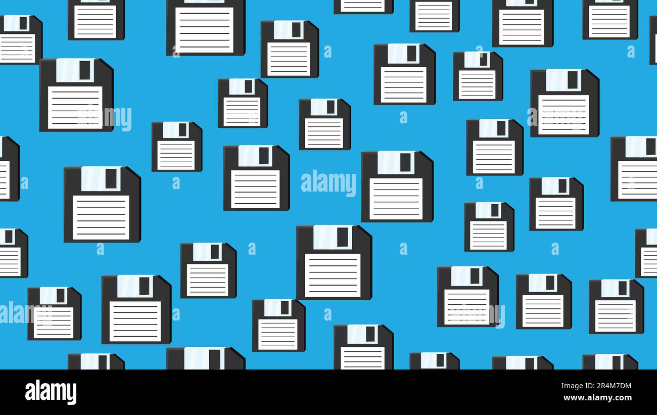 Computer senza cuciture senza fine con vecchi dischi floppy retrò bianco hipster da 70s, 80s, 90s isolato su uno sfondo blu. Vettore illus Illustrazione Vettoriale
