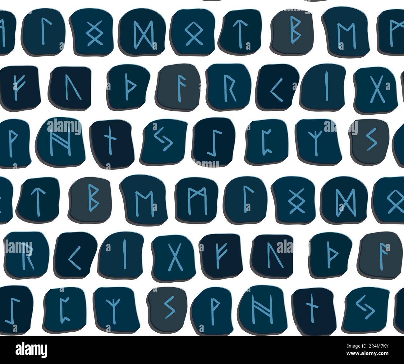 Rune blu modello etnico senza cuciture su bianco. Alfabeto runico, Futark. Antichi simboli occulti norrani, lettere vichinghe, rune font. Design per tessuto, wal Illustrazione Vettoriale