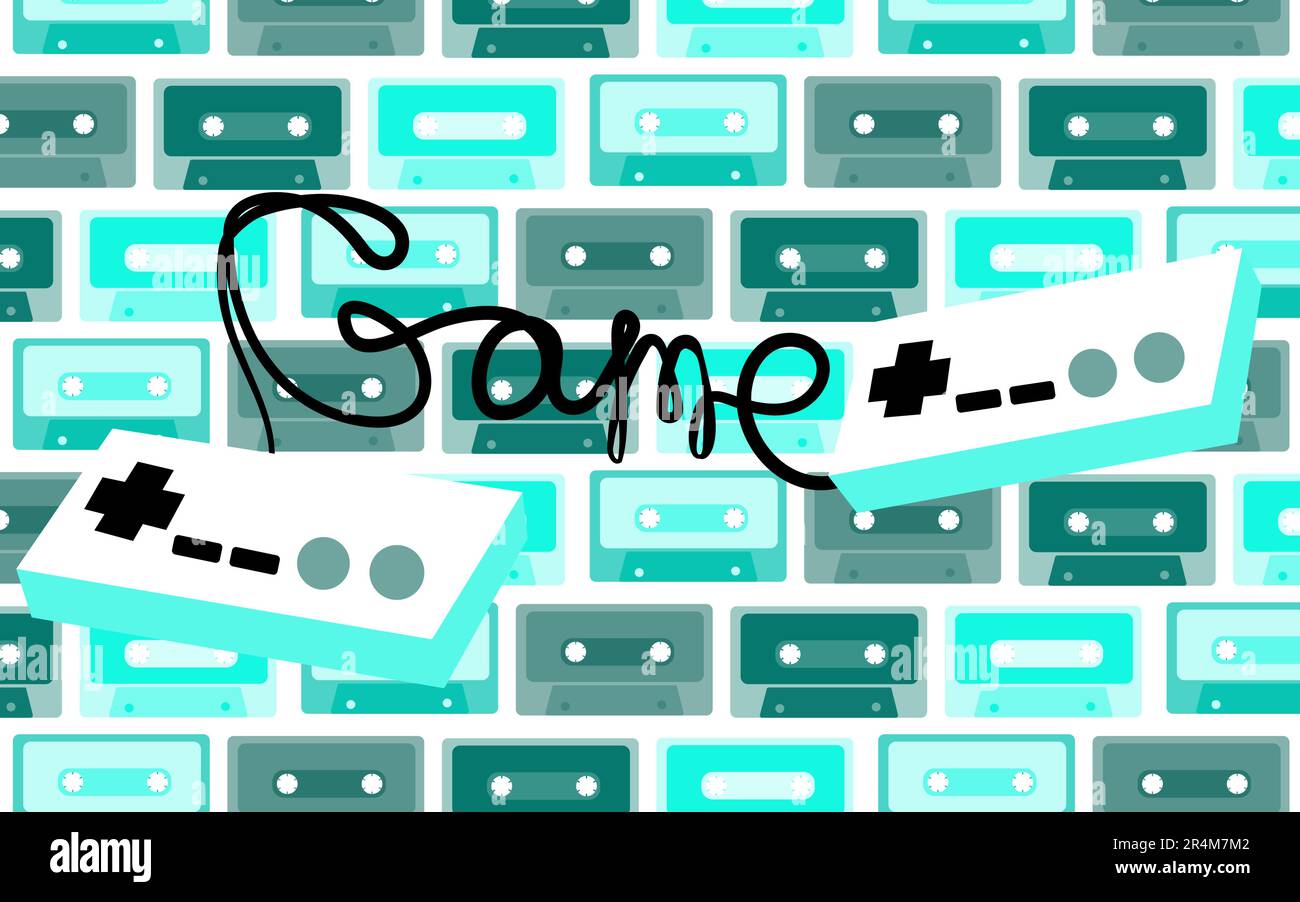 Due vecchi joystick bianco retrò antico hipster per console di gioco per videogiochi e un gioco di iscrizione degli anni 80, 90 su uno sfondo di b Illustrazione Vettoriale