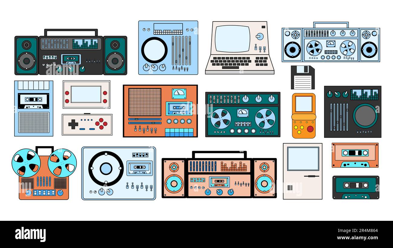 Set di elettronica tecnica hipster retro vintage: Registratore di cassette audio, computer, console di gioco per videogiochi degli anni '70s, 80s, 90s. VECTO Illustrazione Vettoriale
