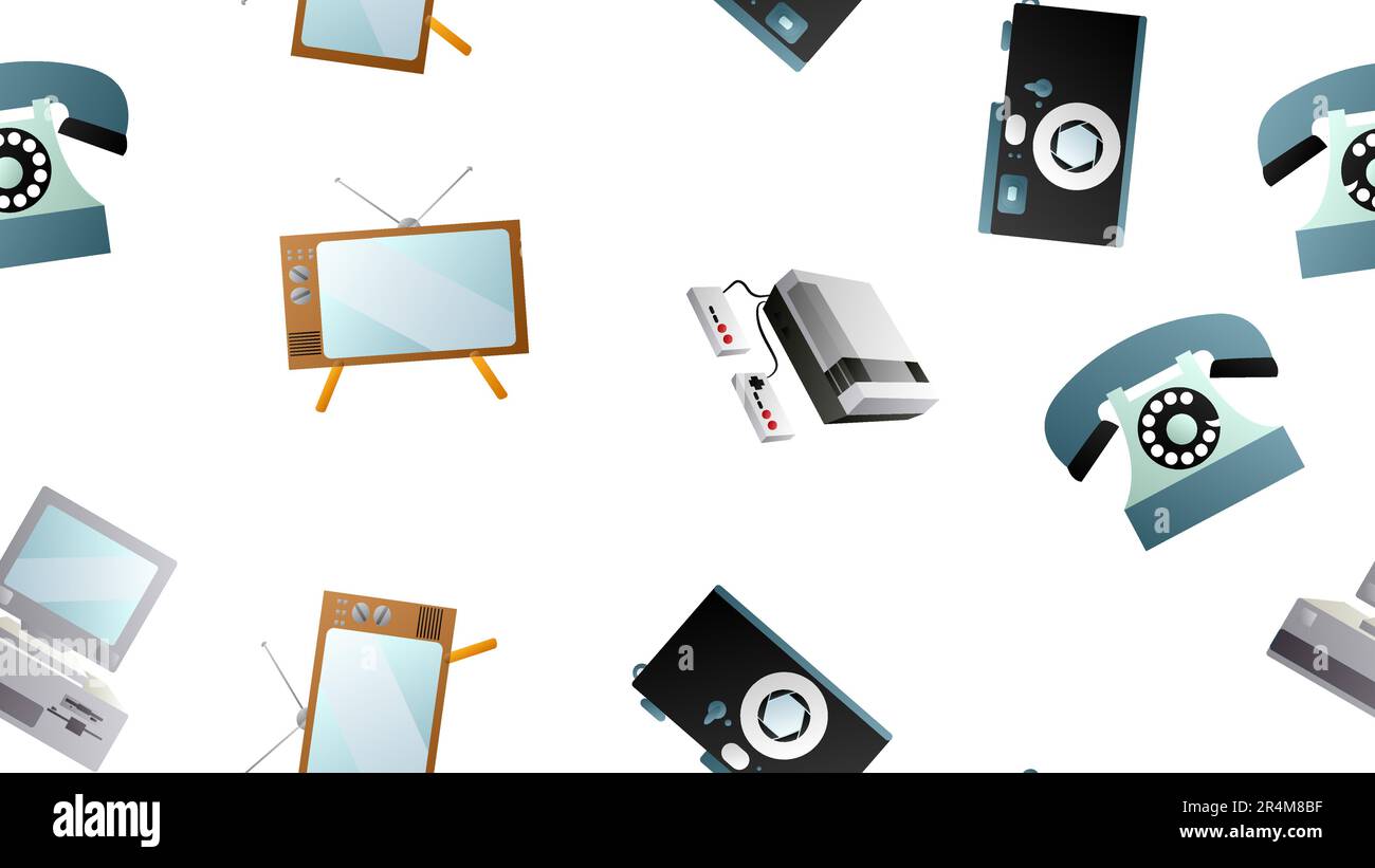 Modello senza cuciture di retro vecchio dispositivi elettronici tecnologia computer cassette registratori a nastro telefoni cellulari dal 70s, 80s, 90s, 2000s in poi Illustrazione Vettoriale