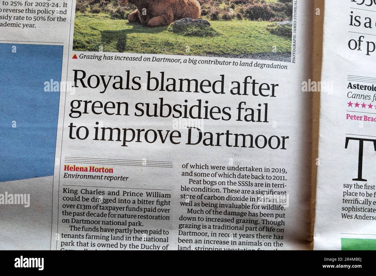 "I reali accusati di sovvenzioni verdi non riescono a migliorare Dartmoor" articolo del quotidiano Guardian 24 maggio 2023 Londra UK Foto Stock