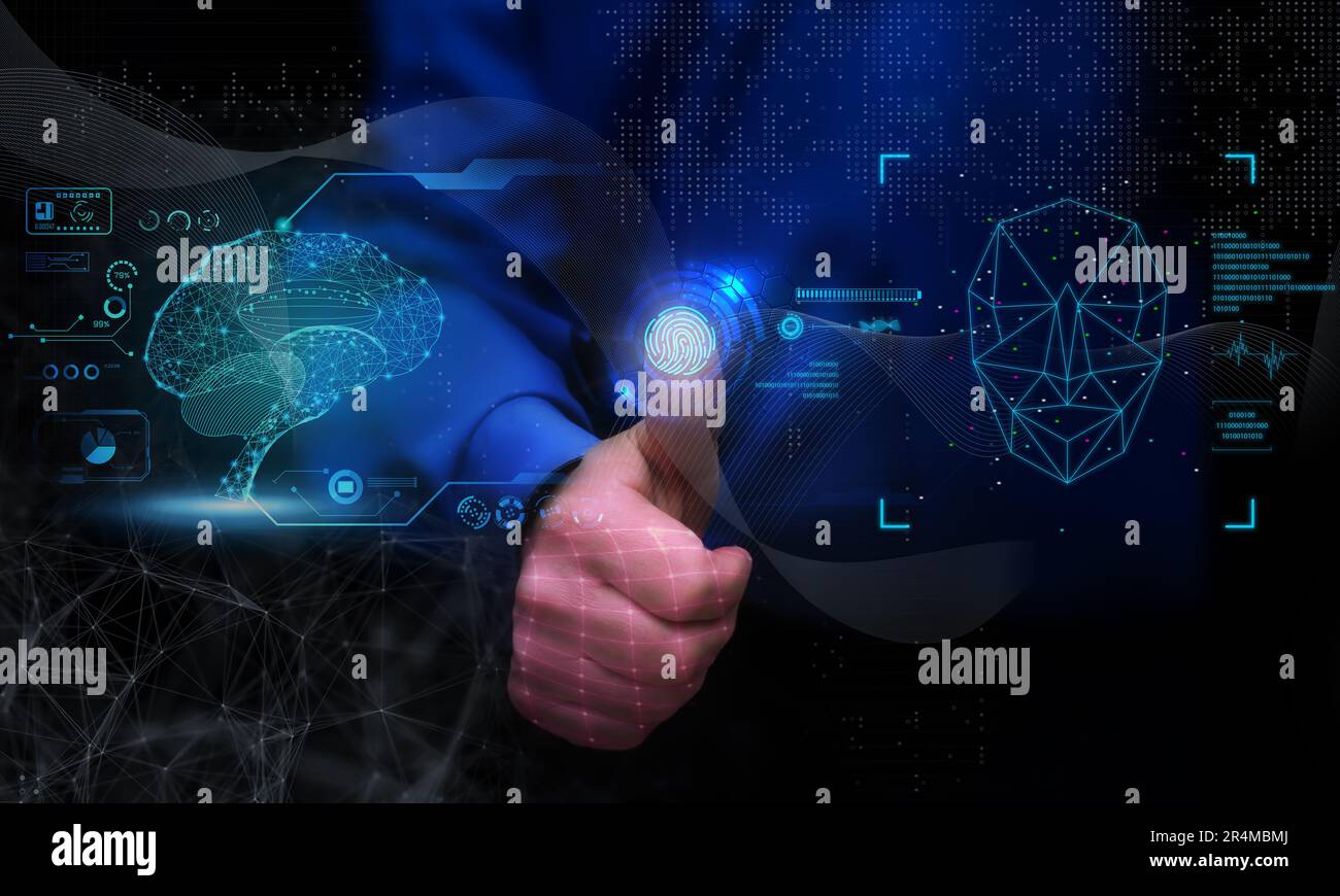 Un uomo tocca l'icona dello scanner di impronte digitali. Concetto di sicurezza della rete e dei servizi Internet, sicurezza dei dati, difesa. Foto Stock
