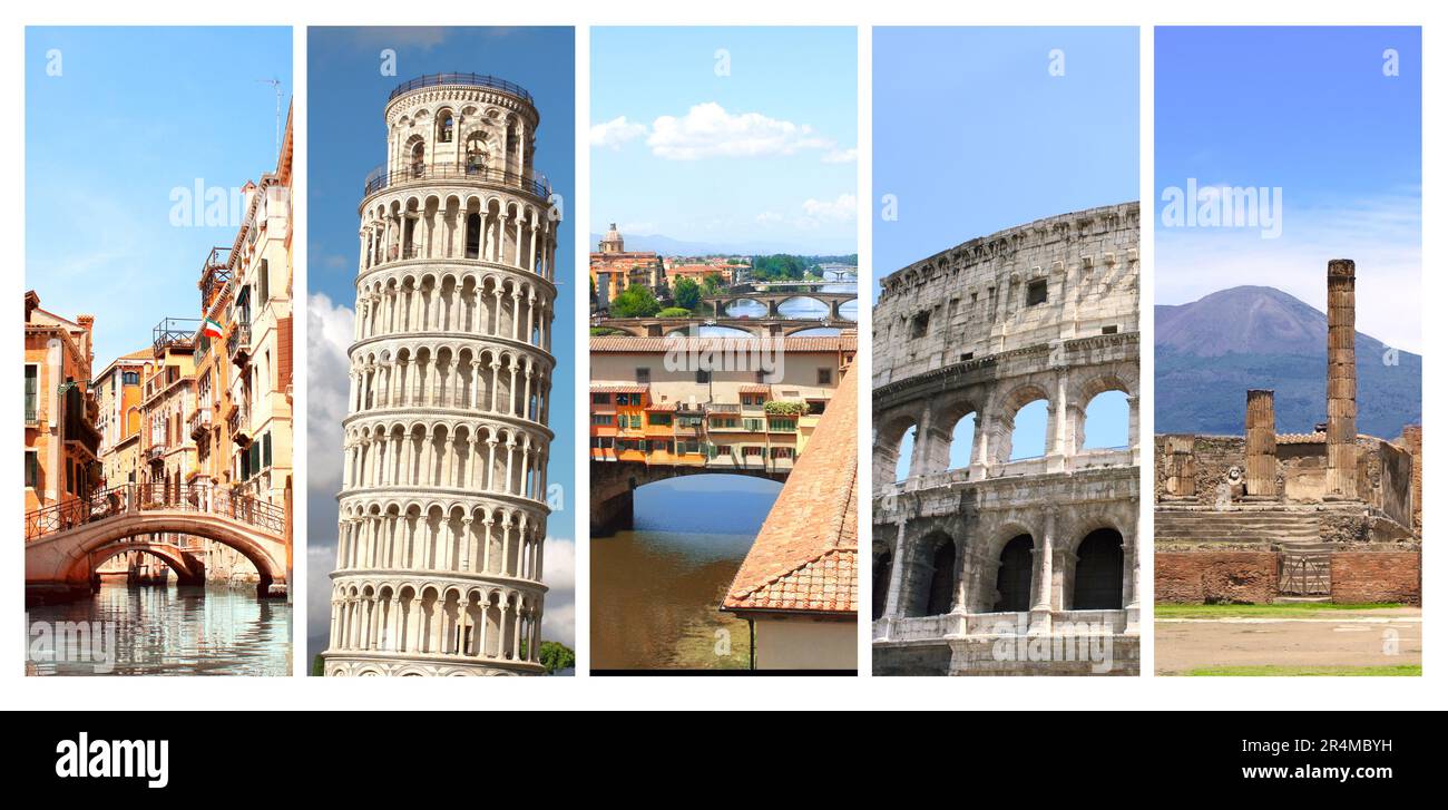 Set di banner verticali con scenici e punti di riferimento dell'Italia. Concetto di viaggio, vacanza e turismo. Rovine di Pompei, Torre Pendente di Pisa, canale di Ven Foto Stock