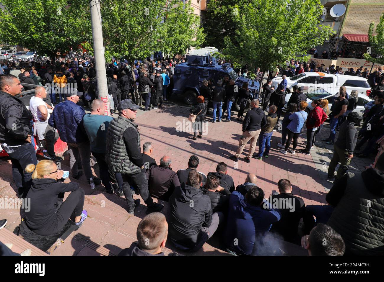 KFOR soldiers guard a municipal building in the town of Zvecan ...