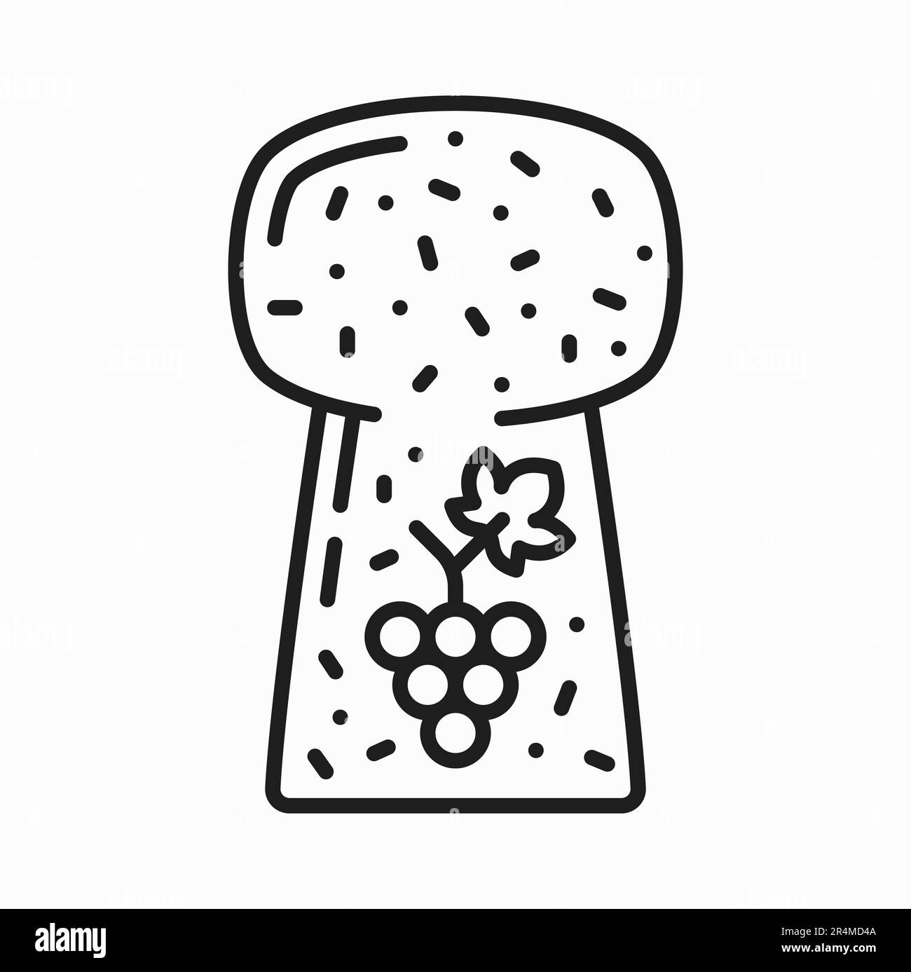 Sughero di vino con branca d'uva stampa contorno icona. Vector in sughero di legno per champagne o vino vino vino vino vino vino bevanda, alcol bevanda sughero con uva Illustrazione Vettoriale