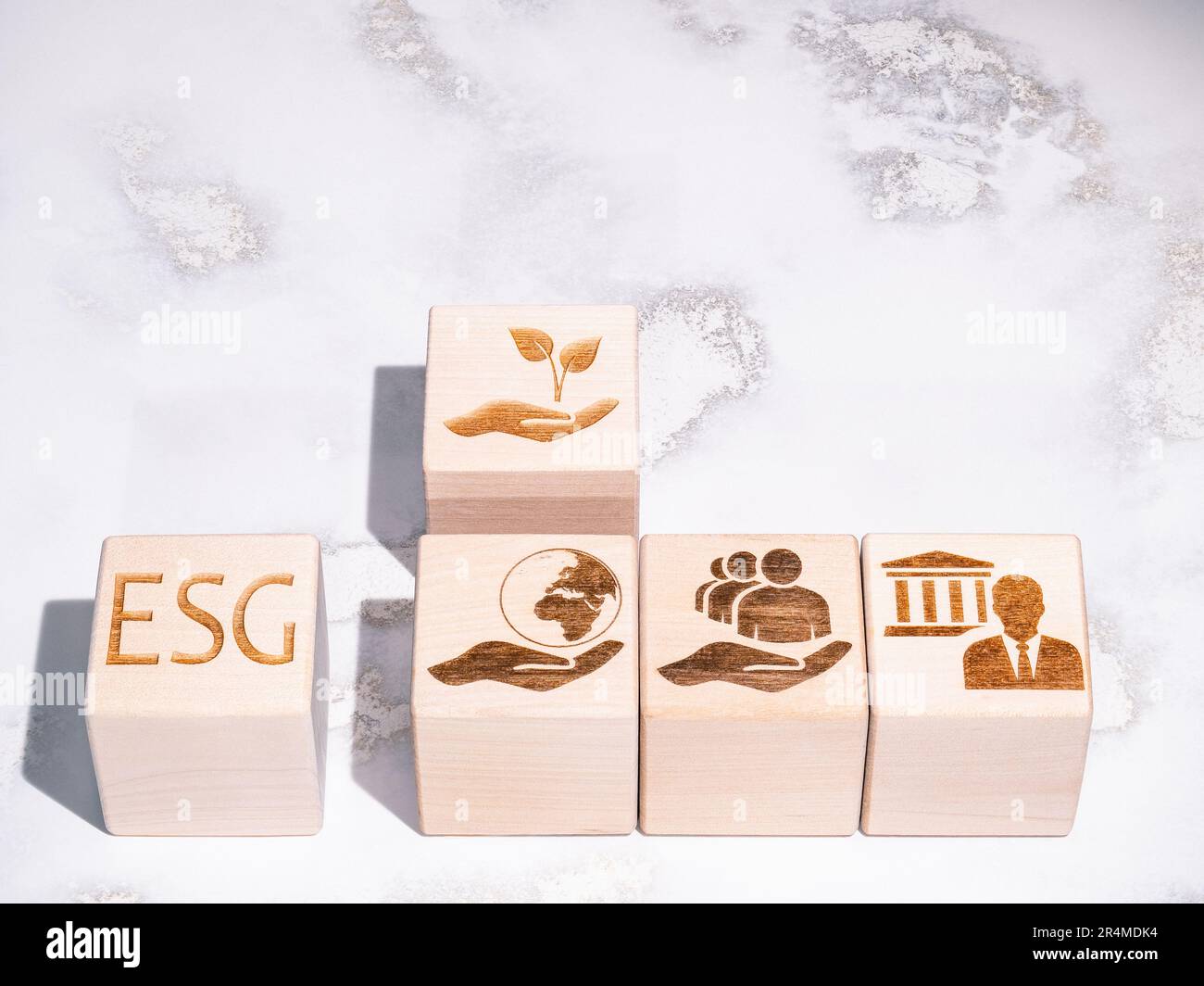 Simboli dei criteri ESG su blocchi di legno come concetto di principi di governance aziendale Foto Stock
