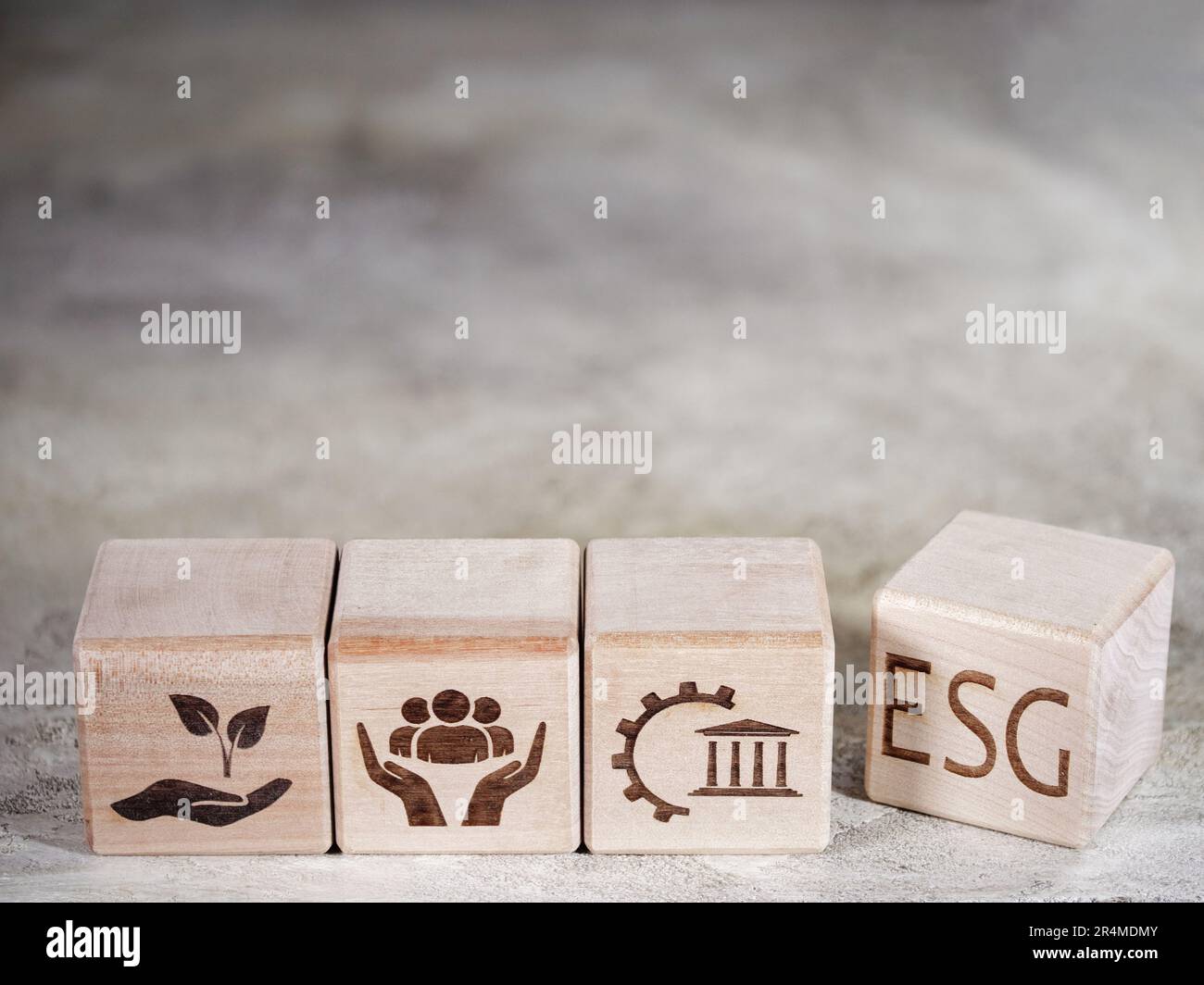 Simboli dei criteri ESG su blocchi di legno come concetto di principi di gestione aziendale Foto Stock