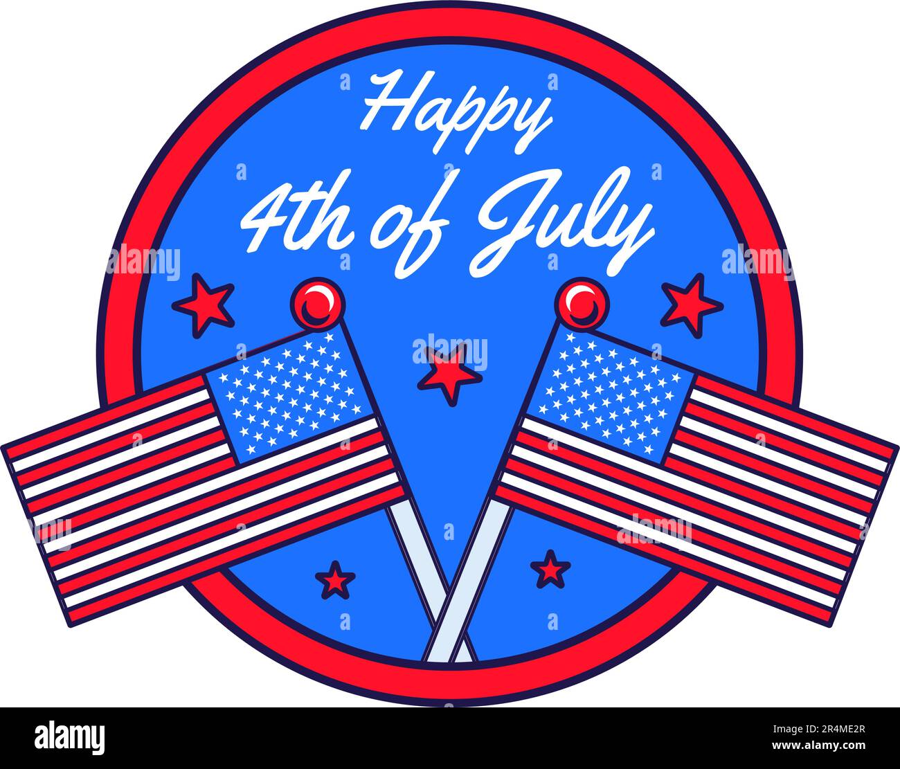 Adesivo adesivo rotondo festivo con Bandiera souvenir a colori della Bandiera americana. Stati Uniti Luglio 4th Independence Day festa iscrizione badge e Illustrazione Vettoriale