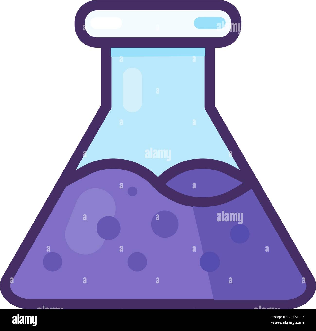 Icona di un matraccio da laboratorio in vetro. Sperimentare il recipiente conico con liquido chimico violetto all'interno. Condurre esperimenti e analisi in chimica. Semplice carto Illustrazione Vettoriale