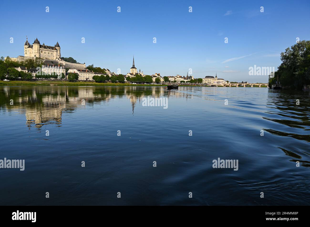 Vista sulla capitale francese degli spumanti, Saumur, con il suo castello in alto nella valle del fiume Loira, Francia Foto Stock