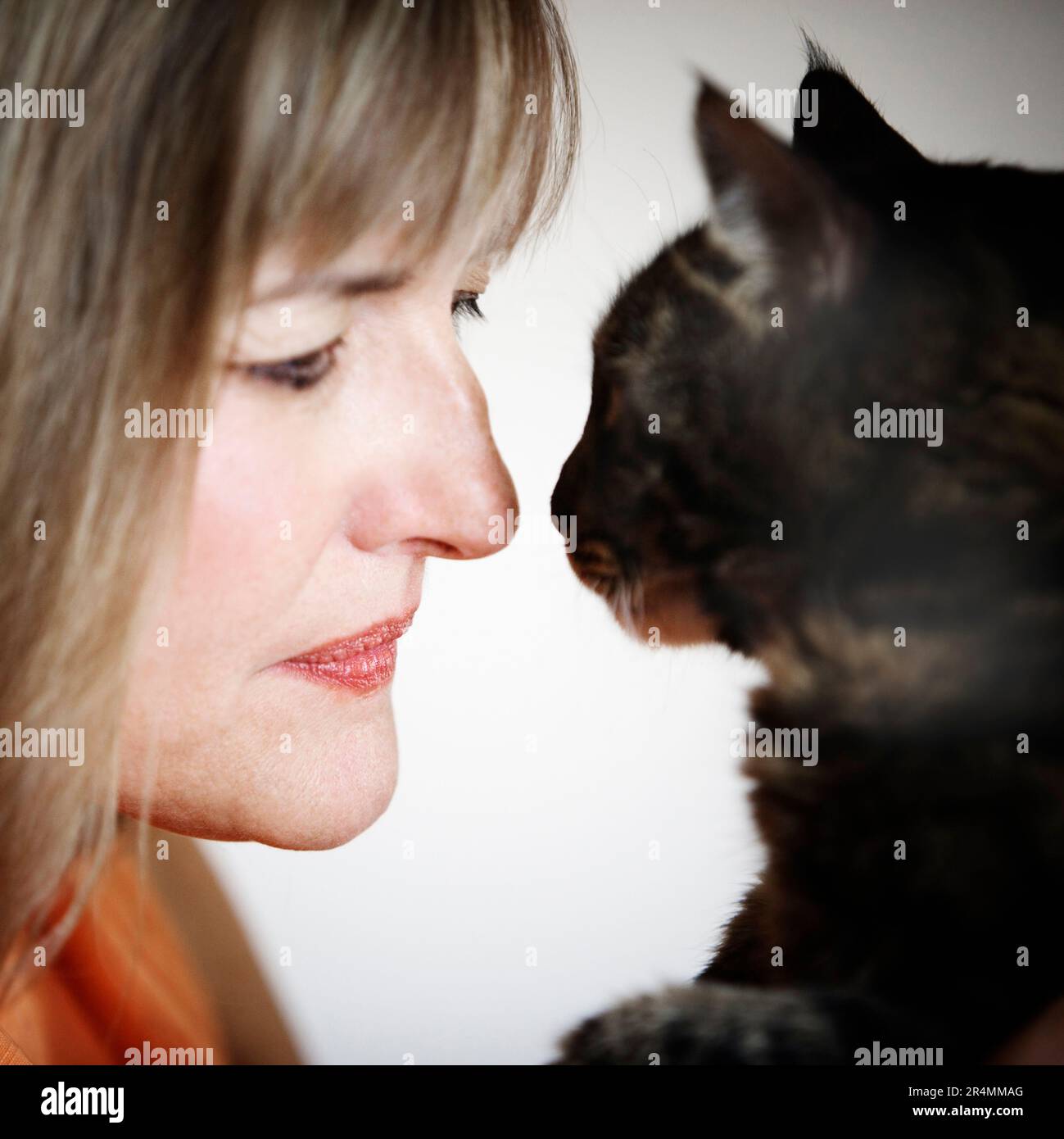Ritratti di vista laterale di una donna che guarda il suo gatto. Foto Stock