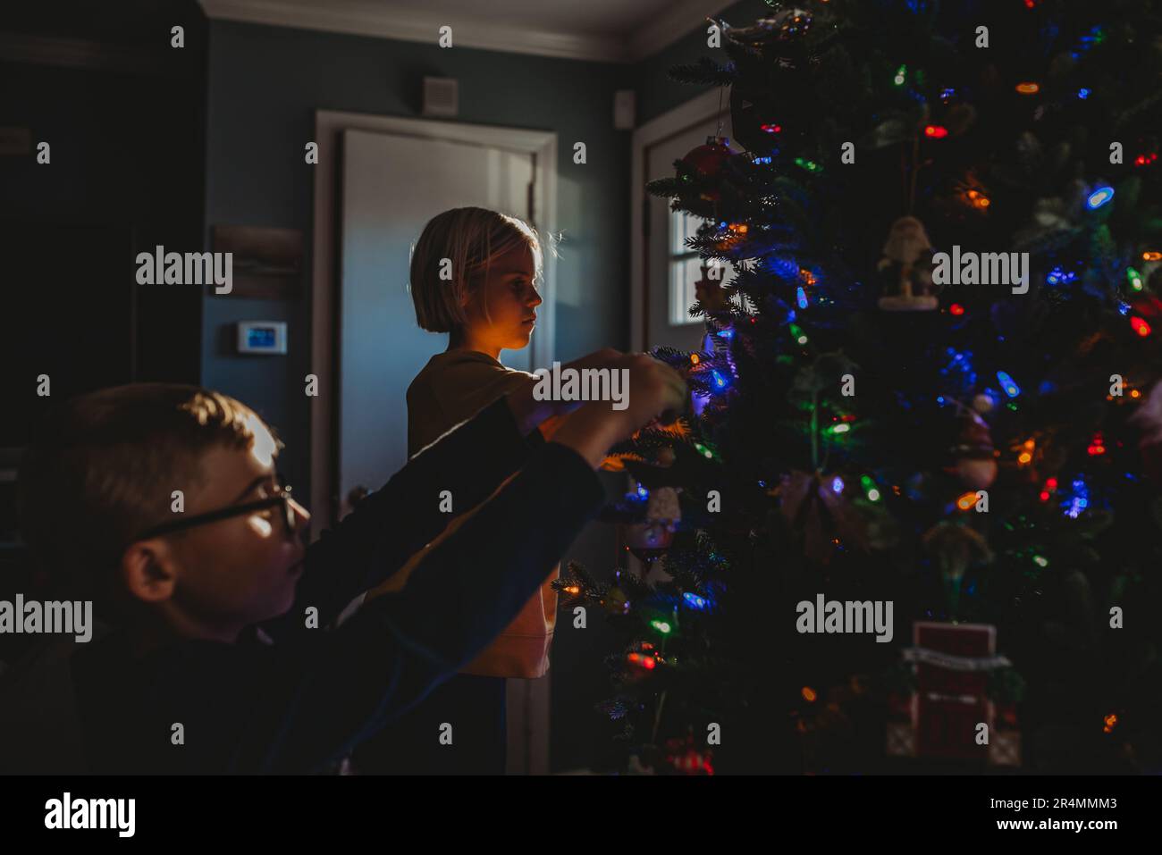 Ragazzo e ragazza che decorano l'albero di Natale con luci colorate Foto Stock