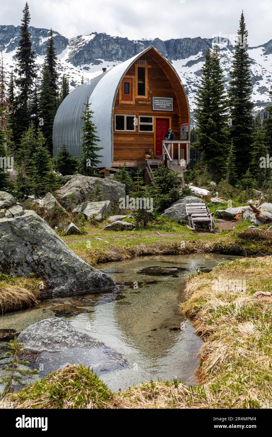 Vista intermedia delle donne che si trovano in una cabina di montagna nella Columbia Britannica Foto Stock