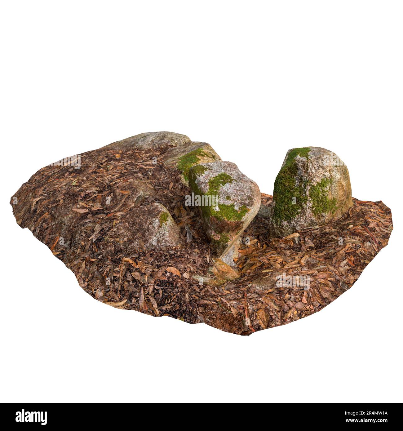 3d illustrazione di rocce ricoperte di muschio, adagiato su foglie asciutte isolate su sfondo bianco Foto Stock