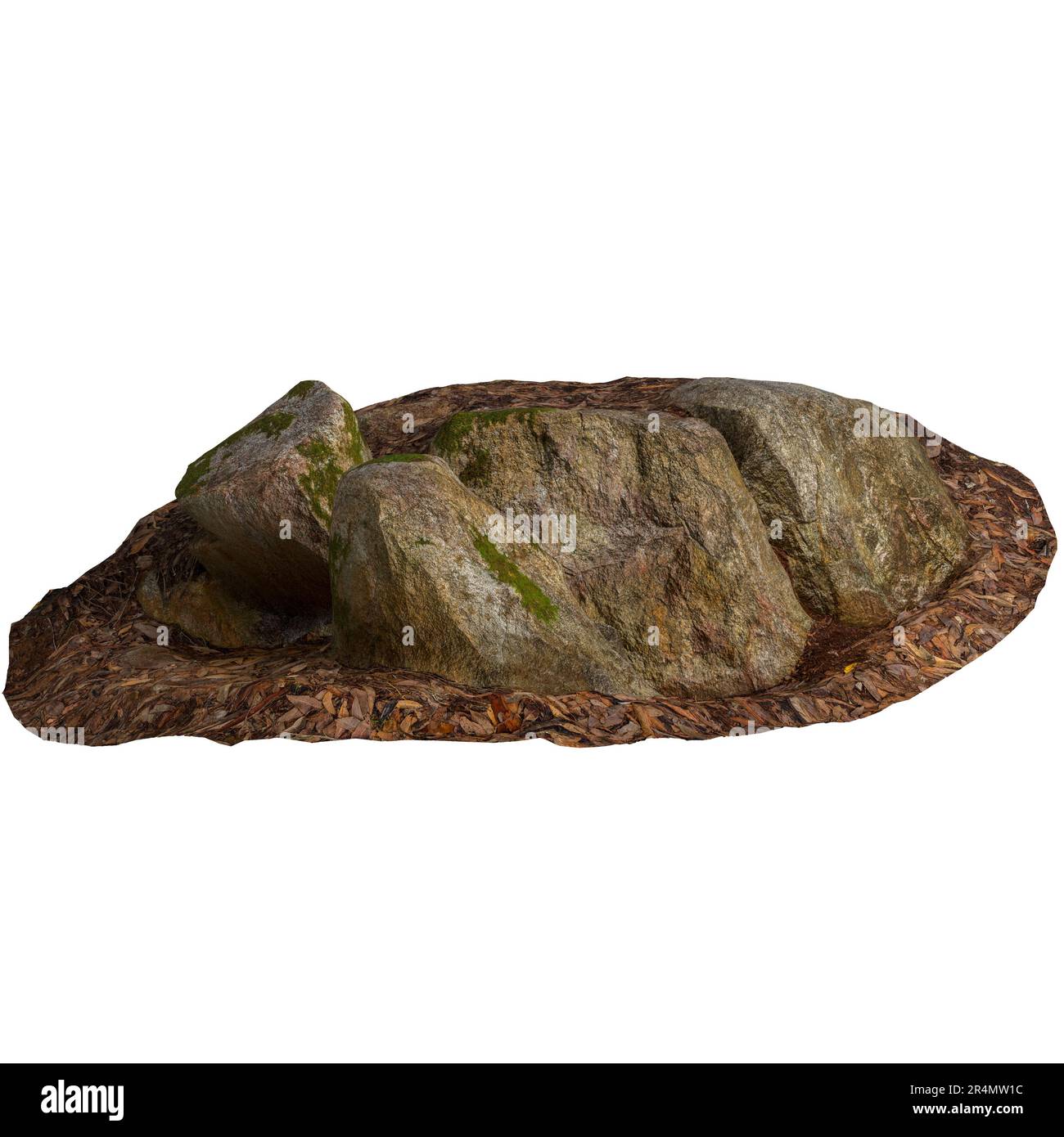 3d illustrazione di rocce ricoperte di muschio, adagiato su foglie asciutte isolate su sfondo bianco Foto Stock