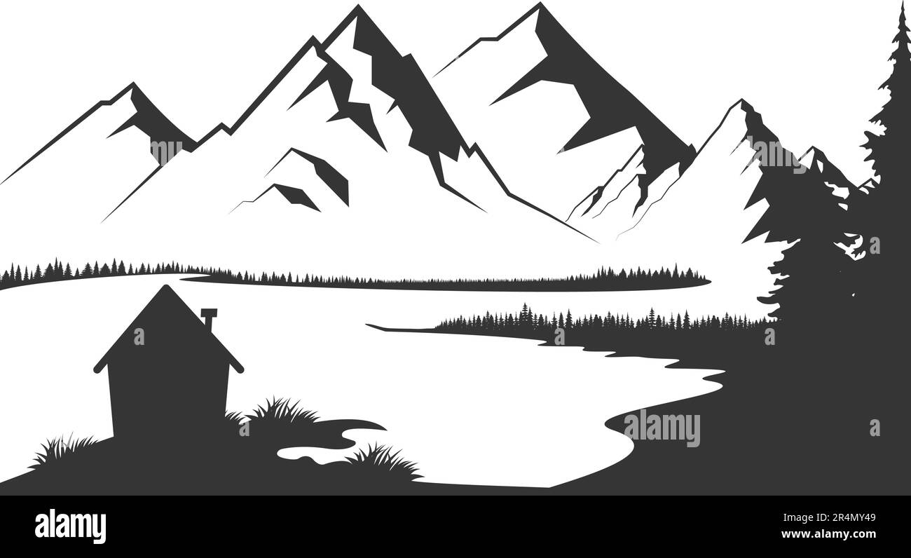 Montagna lago silhouette grafica arte bianco nero paesaggio illustrazione vettore. Illustrazione di montagna e lago in bianco e nero. Vettore di montagna Illustrazione Vettoriale