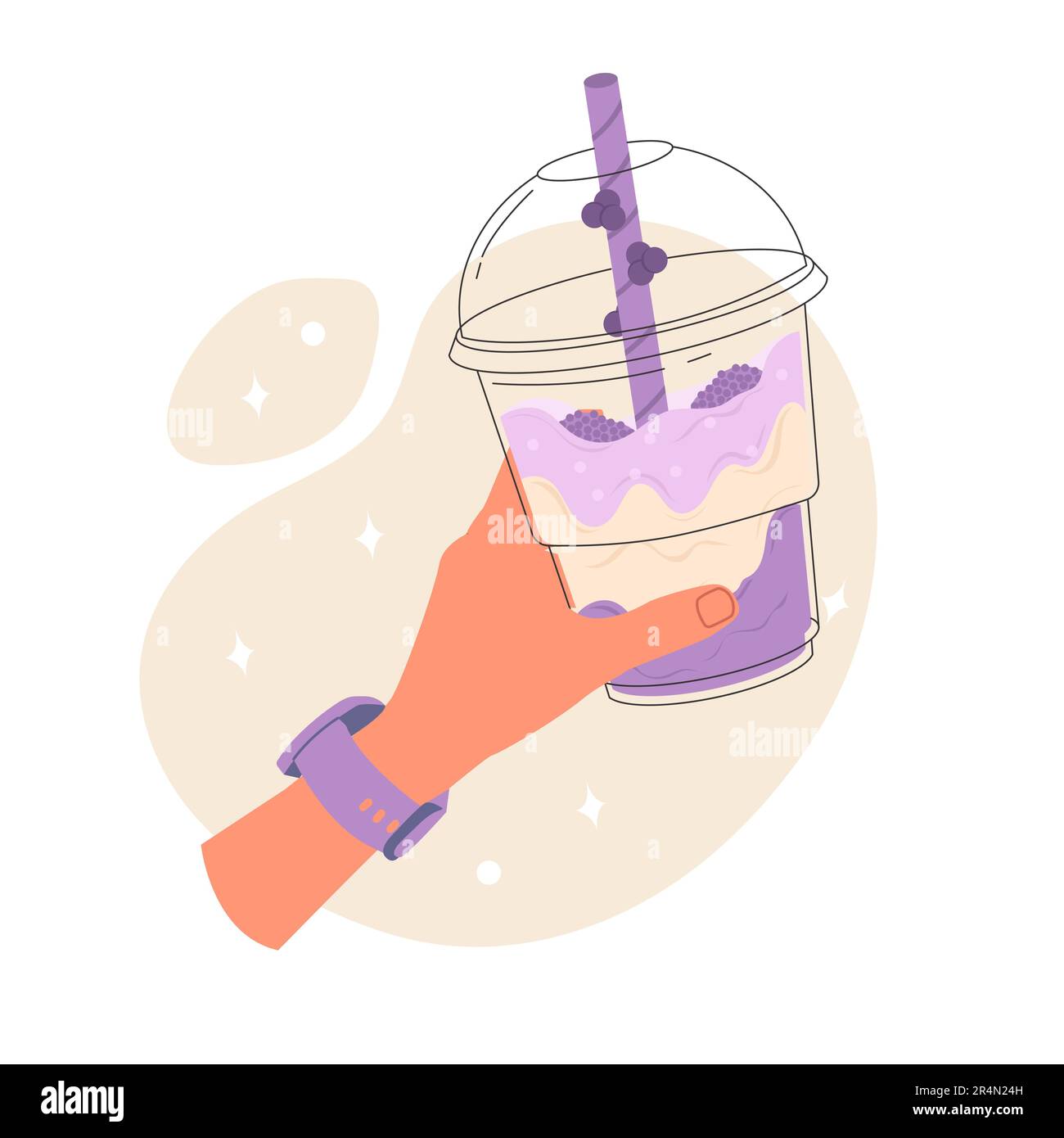 Una mano di donna tiene un milkshake in un vetro di plastica Illustrazione Vettoriale