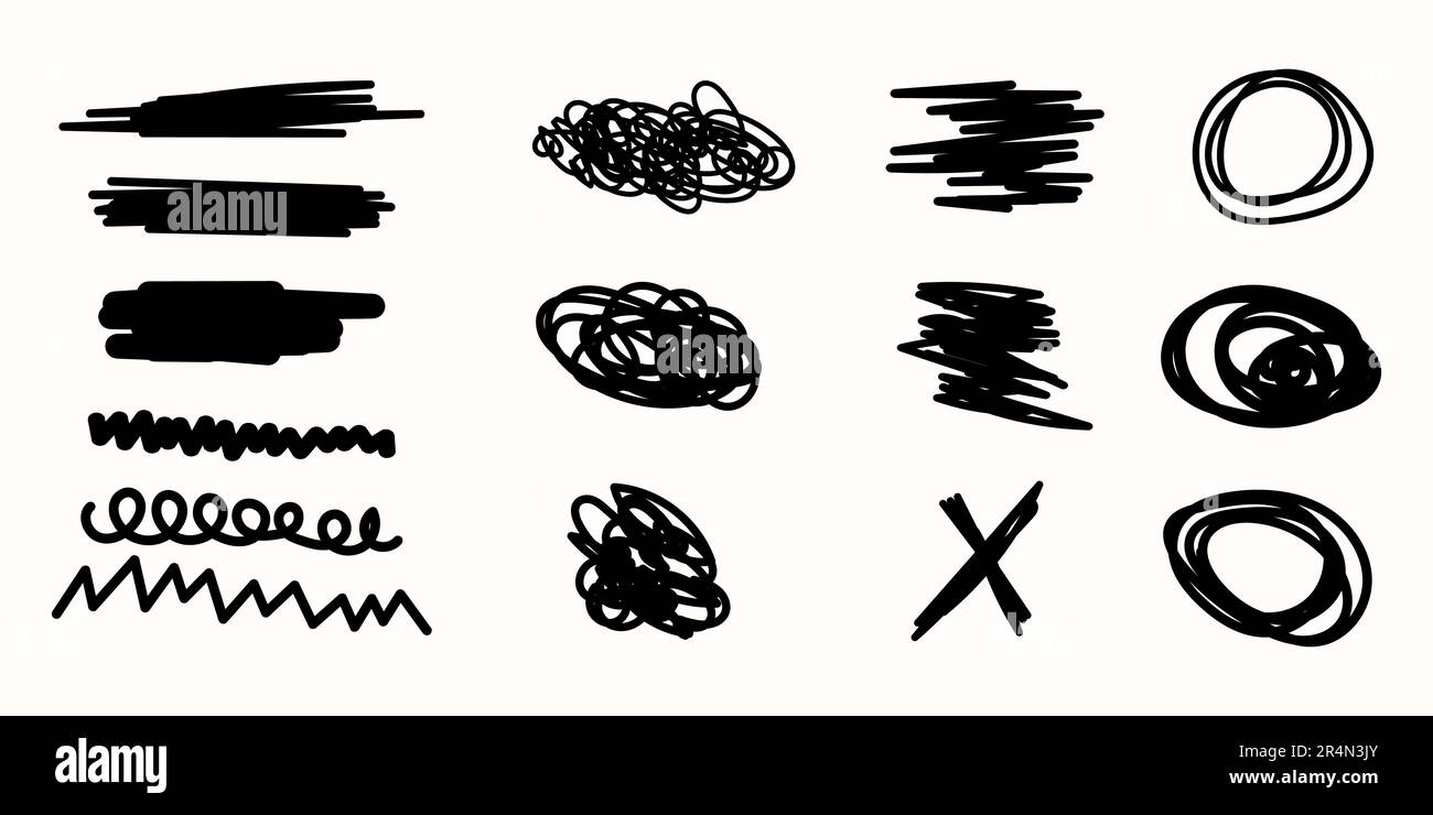 Impostare lo scribbling vettoriale disegnato a mano. Elementi infografici Doodle isolati su sfondo bianco. Confezione di diverse forme per il design. Set tratto pennello Illustrazione Vettoriale