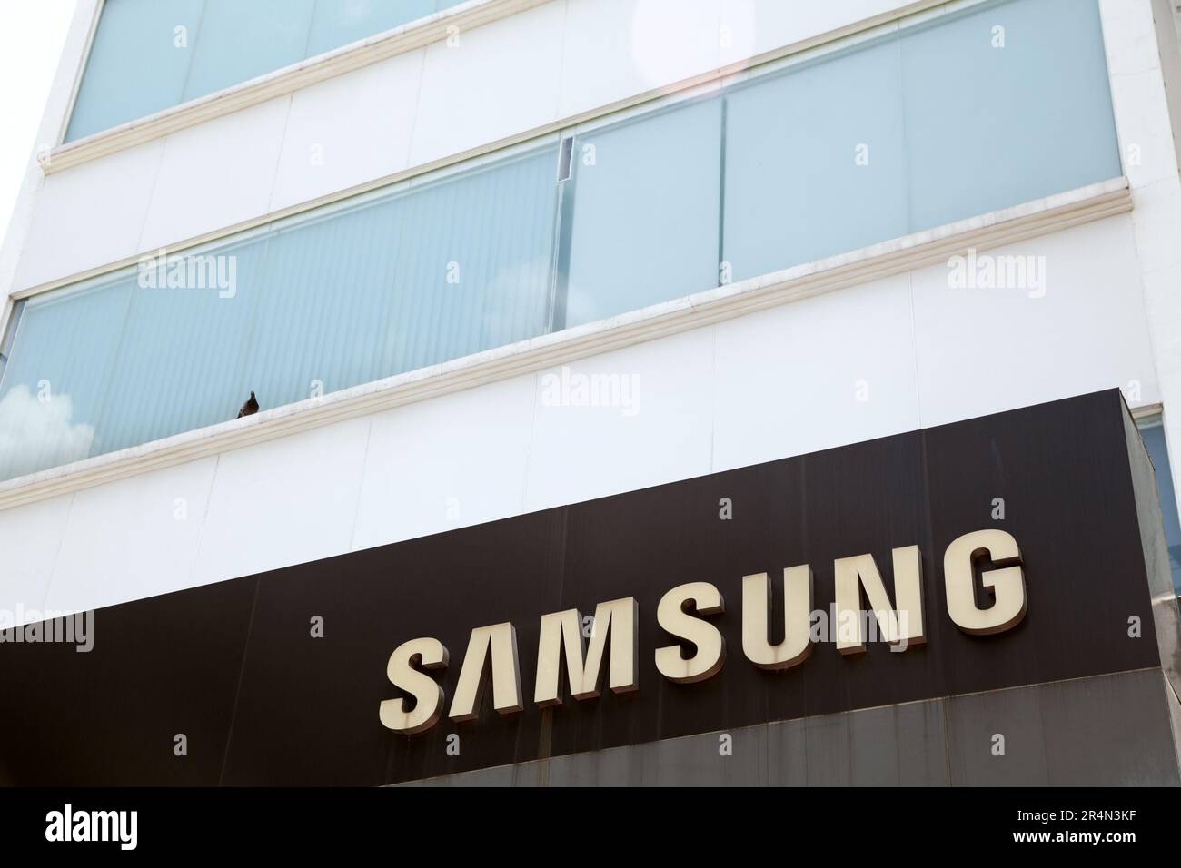 Ho Chi Minh City, Vietnam - 22 maggio 2023: Logo aziendale in bianco e nero su un cartello commerciale sopra il centro servizi Samsung. Corporazione multinazionale coreana Foto Stock