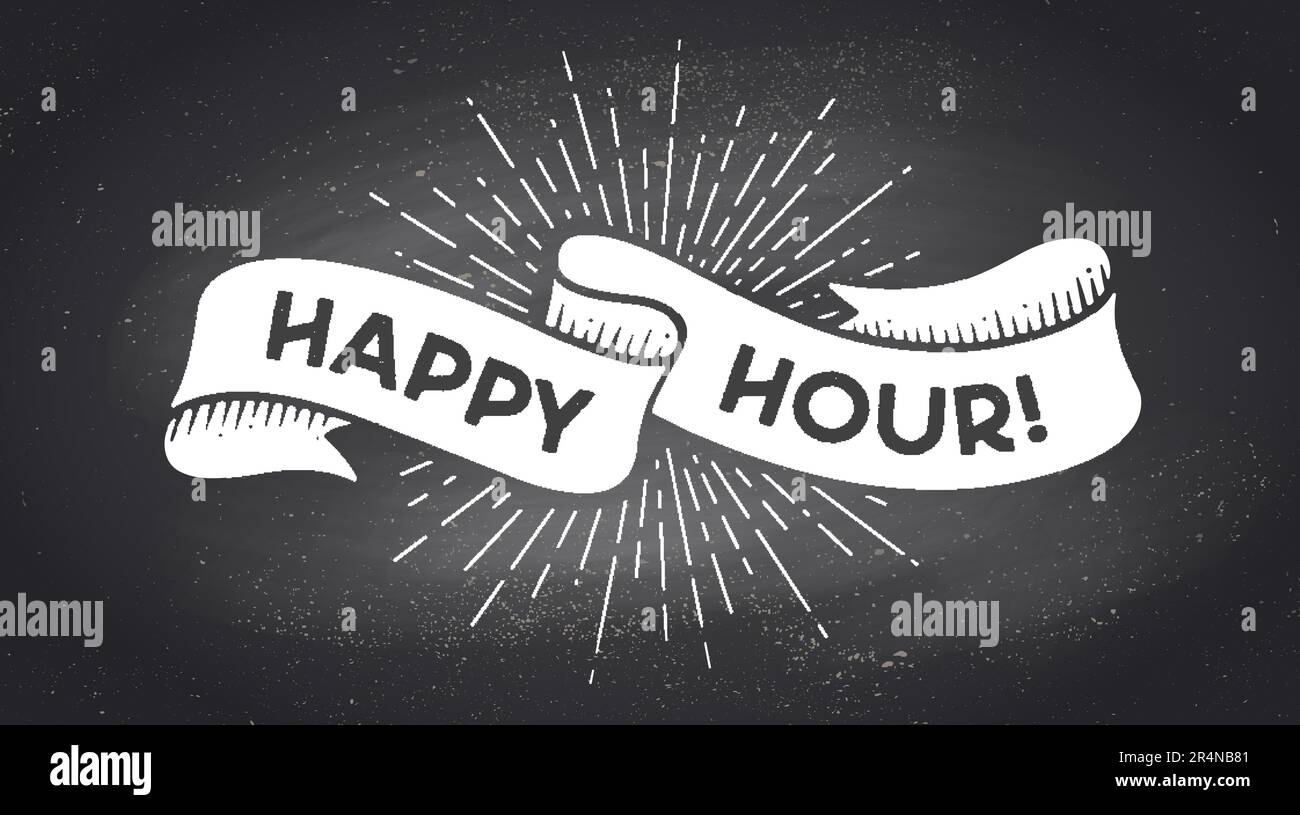 Happy Hour, banner nastro. Banner nastro bianco nero con testo, frase Happy Hour. Nastro bianco isolato vintage silhouette grafica, testo gesso happy hour su lavagna nera. Illustrazione vettoriale Illustrazione Vettoriale