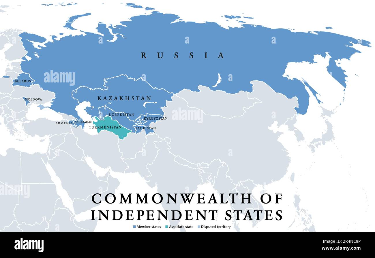 Comunità degli Stati indipendenti (CSI), mappa politica. Organizzazione intergovernativa in Eurasia, formatasi in seguito allo scioglimento dell'Unione Sovietica. Foto Stock