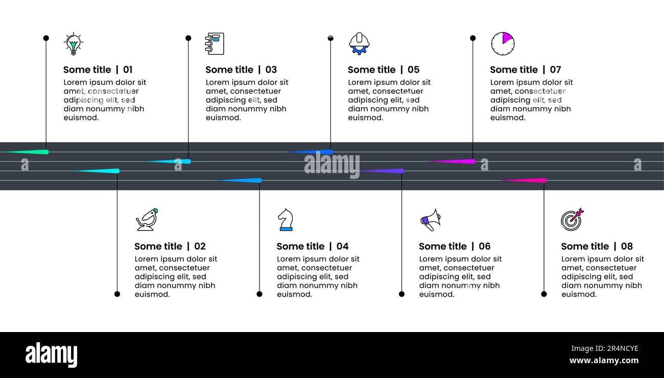 Modello infografico con icone e 8 opzioni o passaggi. Linea. Può essere utilizzato per il layout del flusso di lavoro, il diagramma, il banner, il webdesign. Illustrazione vettoriale Illustrazione Vettoriale