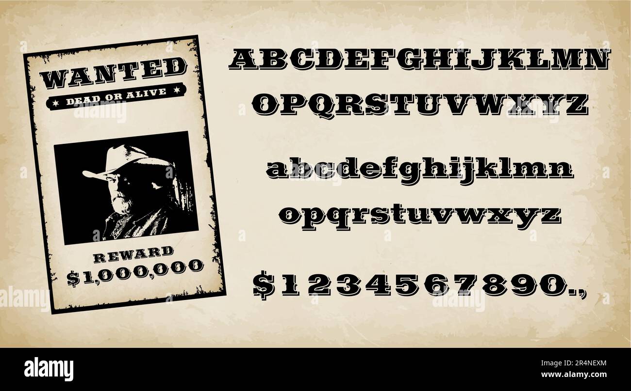 Wild West Alphabet con poster modello desiderato. Collezione Cowboy abc. La tipografia della vecchia scuola per il salone. Set di lettere e numeri ispirato al Texas Illustrazione Vettoriale