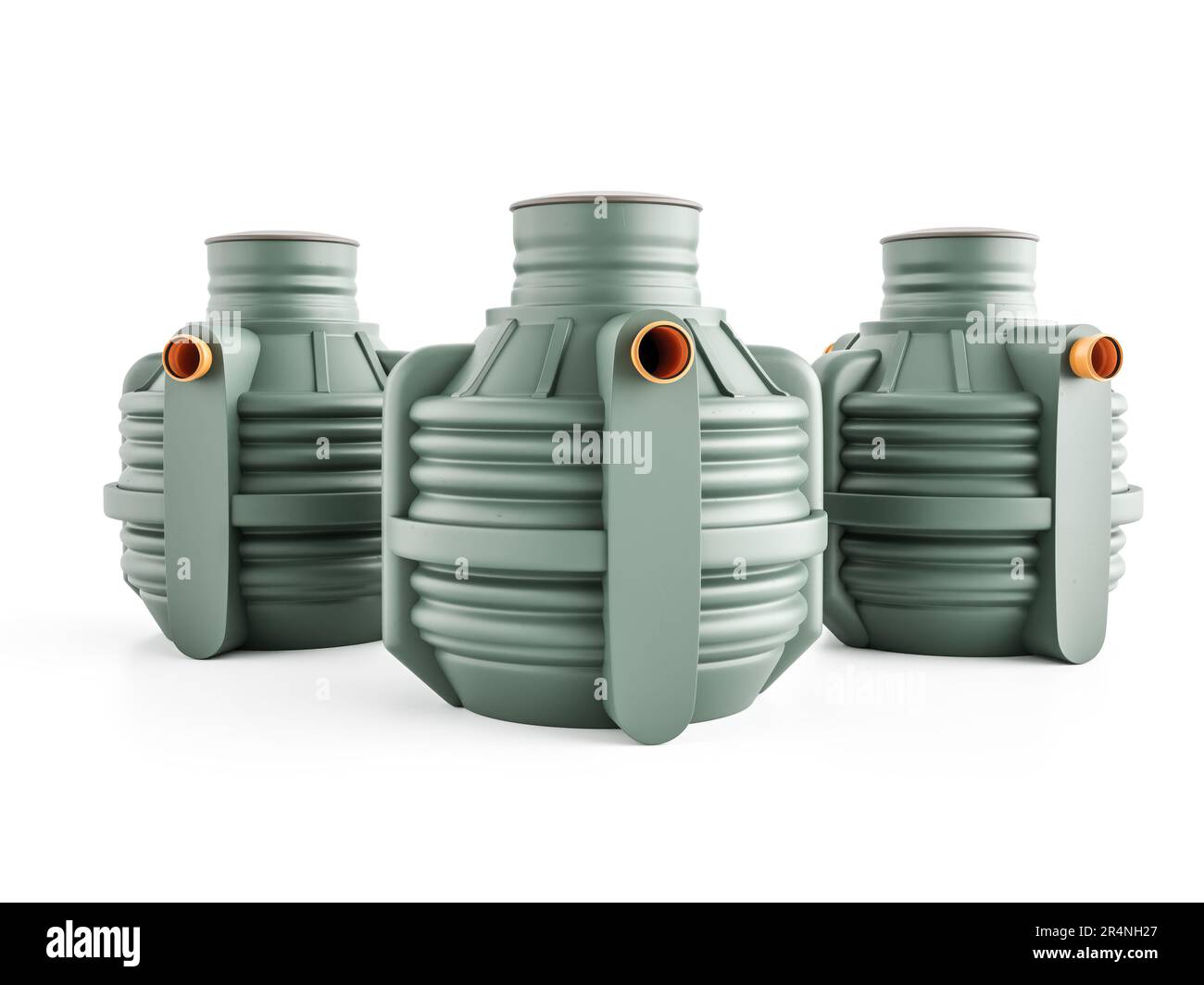 3d resa di tre serbatoi settici verdi per uso domestico su sfondo bianco Foto Stock