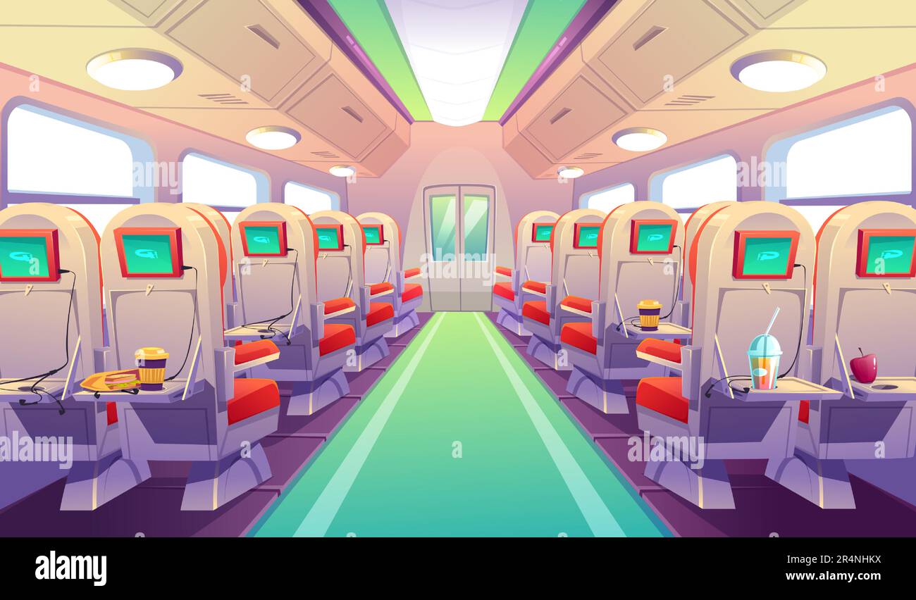 Interni vuoti di autobus, treno o aereo con sedie e tavolini pieghevoli. Cabina cartoon vettoriale del trasporto passeggeri, posti a sedere con display digitale, cibo e bevande sul ripiano pieghevole Illustrazione Vettoriale