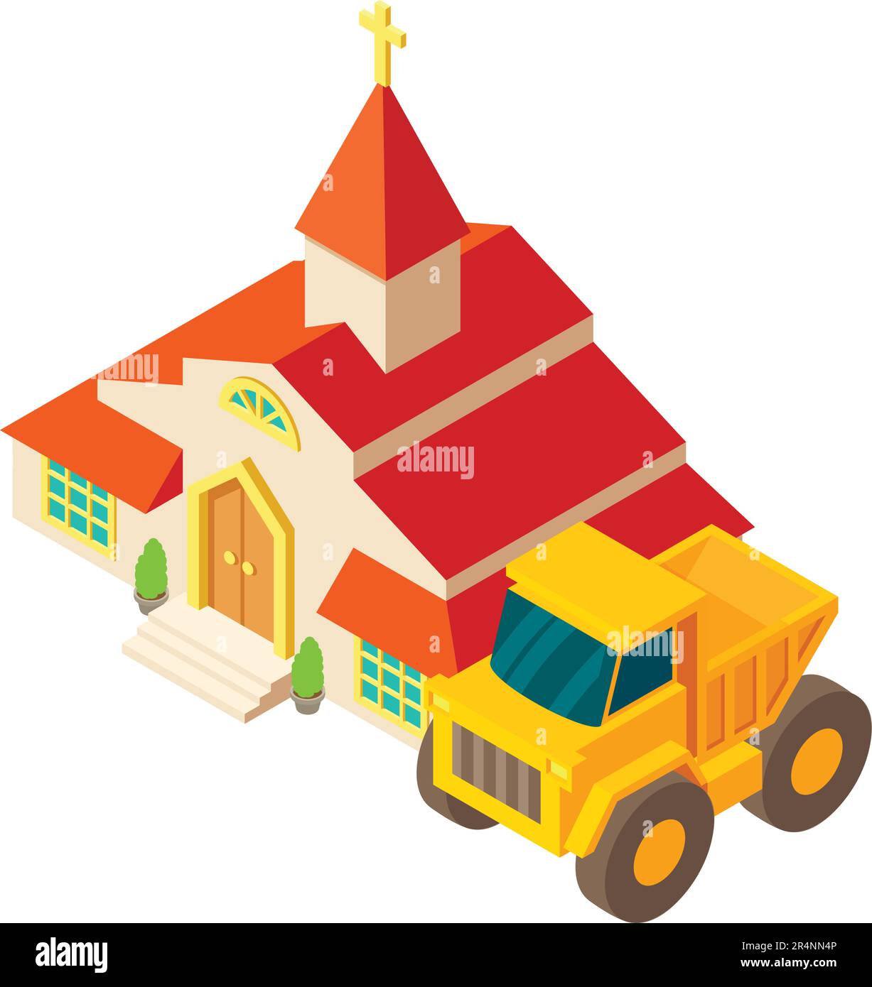 Chiesa costruzione icona vettore isometrico. Dumper industriale vicino alla chiesa cristiana. Concetto di costruzione Illustrazione Vettoriale