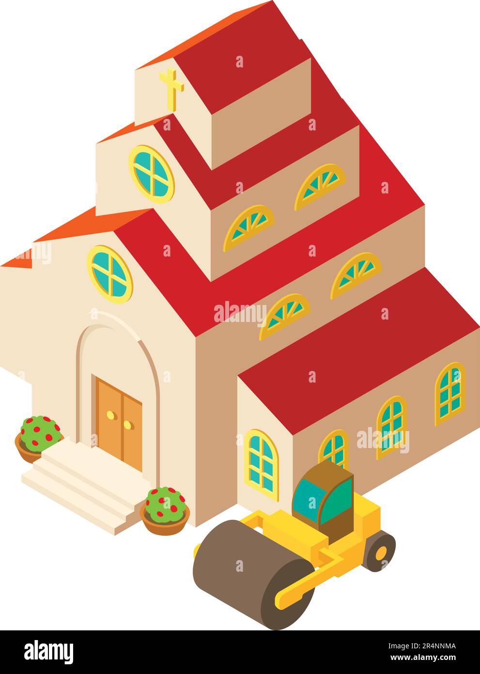 Icona di lavoro su strada vettore isometrico. Grande rullo stradale vicino alla nuova chiesa icona edificio. Lavori di costruzione, cantiere Illustrazione Vettoriale