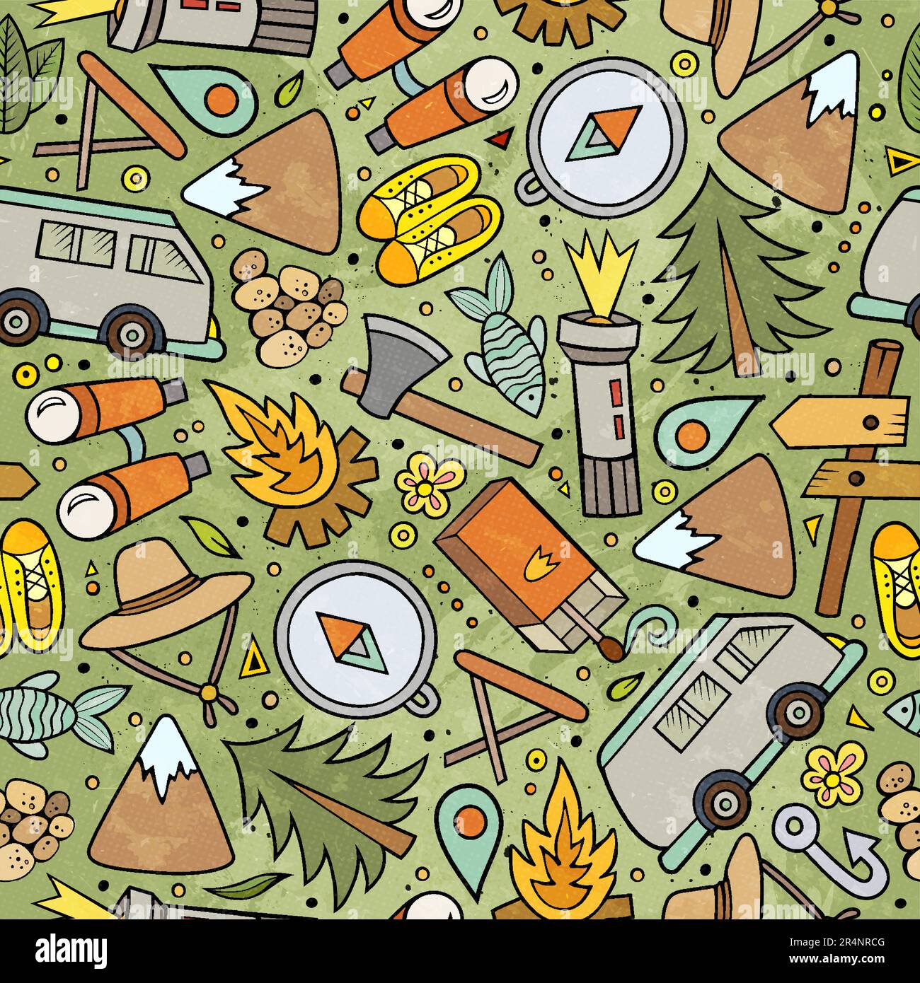 Cartoon mano-disegnati scarabei sul tema del campeggio senza cuciture modello. Colorato dettagliato, con un sacco di oggetti vettore sfondo Illustrazione Vettoriale