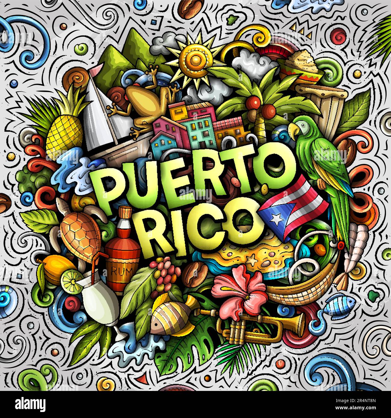 Illustrazione del doodle del cartone animato di Porto Rico. Divertente design portoricano. Sfondo creativo vettoriale con elementi e oggetti caraibici. Colorato c Illustrazione Vettoriale