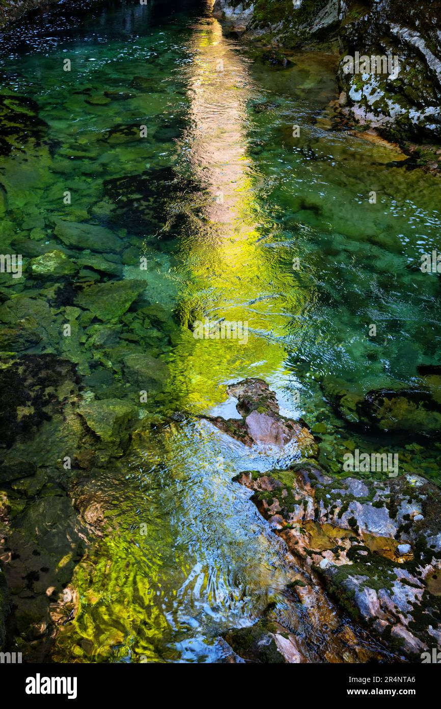 Luce del sole che splende nelle acque del fiume di montagna Radovna nella Gola di Vintgar, Parco Nazionale del Triglav, Slovenia. Il passaggio è dovuto a un riflesso stretto della luce Foto Stock