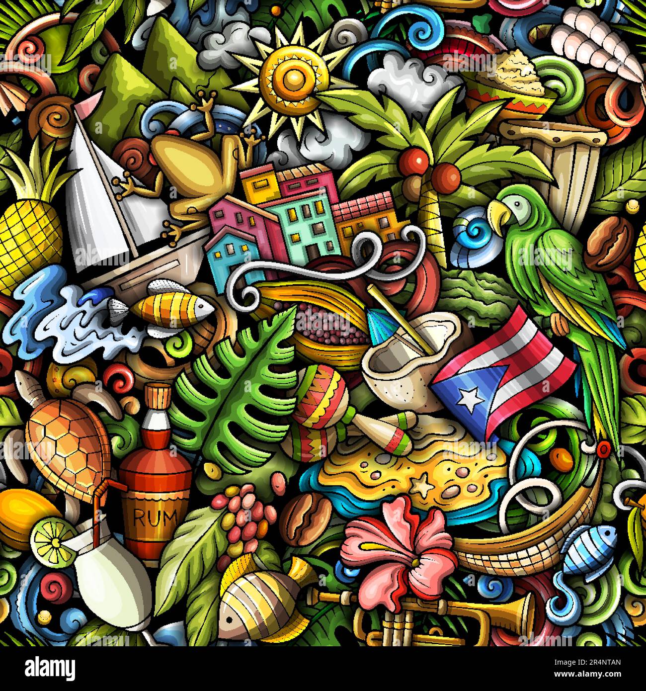 Sfondo vettoriale con la cultura caraibica portoricana simboli e oggetti tradizionali. Colori luminosi motivo divertente senza cuciture centroamericano Illustrazione Vettoriale