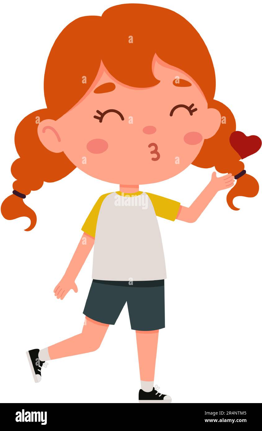 Carina bambina con capelli rossi che soffiano un bacio. Il personaggio di Cartoon schoolgirl mostra l'espressione facciale. Illustrazione vettoriale. Illustrazione Vettoriale