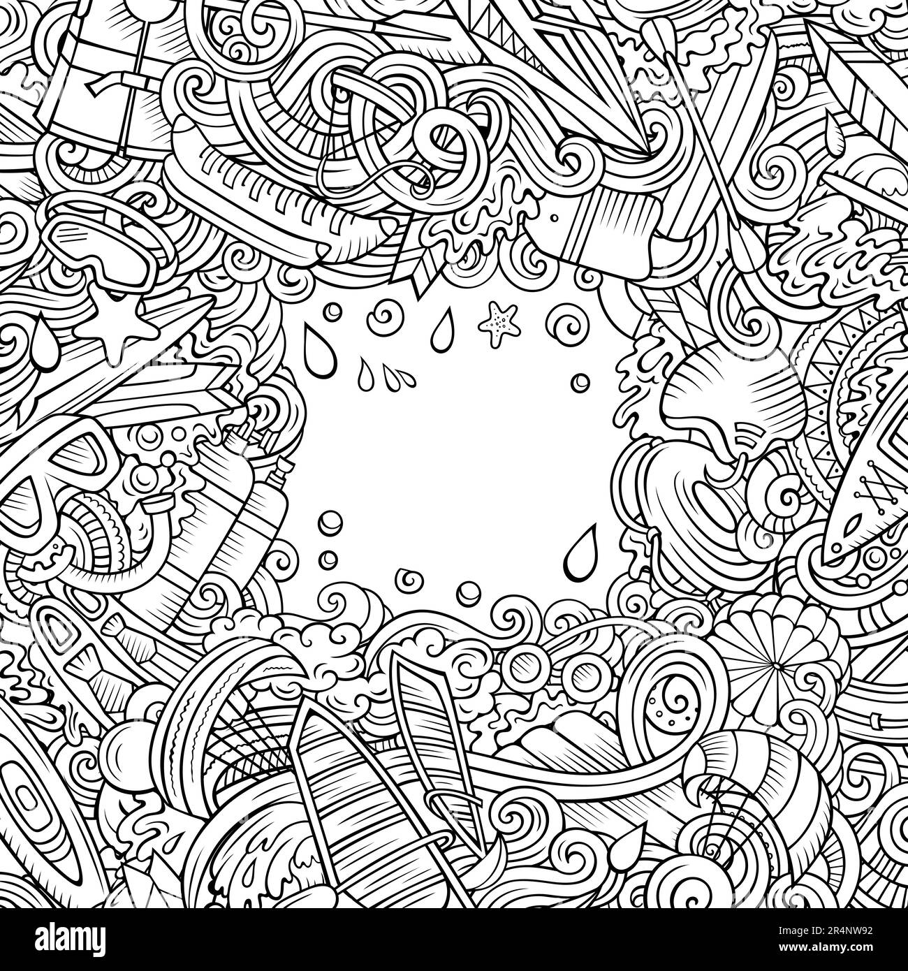 Water Sports Vector Doodles frame. Attività estive design di confine. Elementi esterni e oggetti di stagione calda sfondo cartone animato. Illustrazione Vettoriale