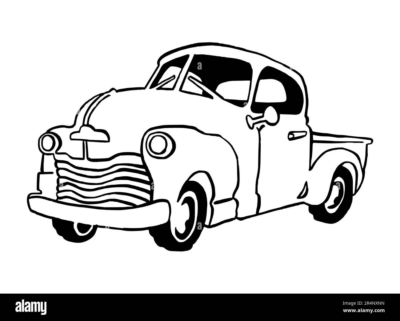 Disegno a mano Illustrazione di un'automobile retrò, americana, misura completa, isolata su uno sfondo bianco, con l'arte di linea nera Foto Stock