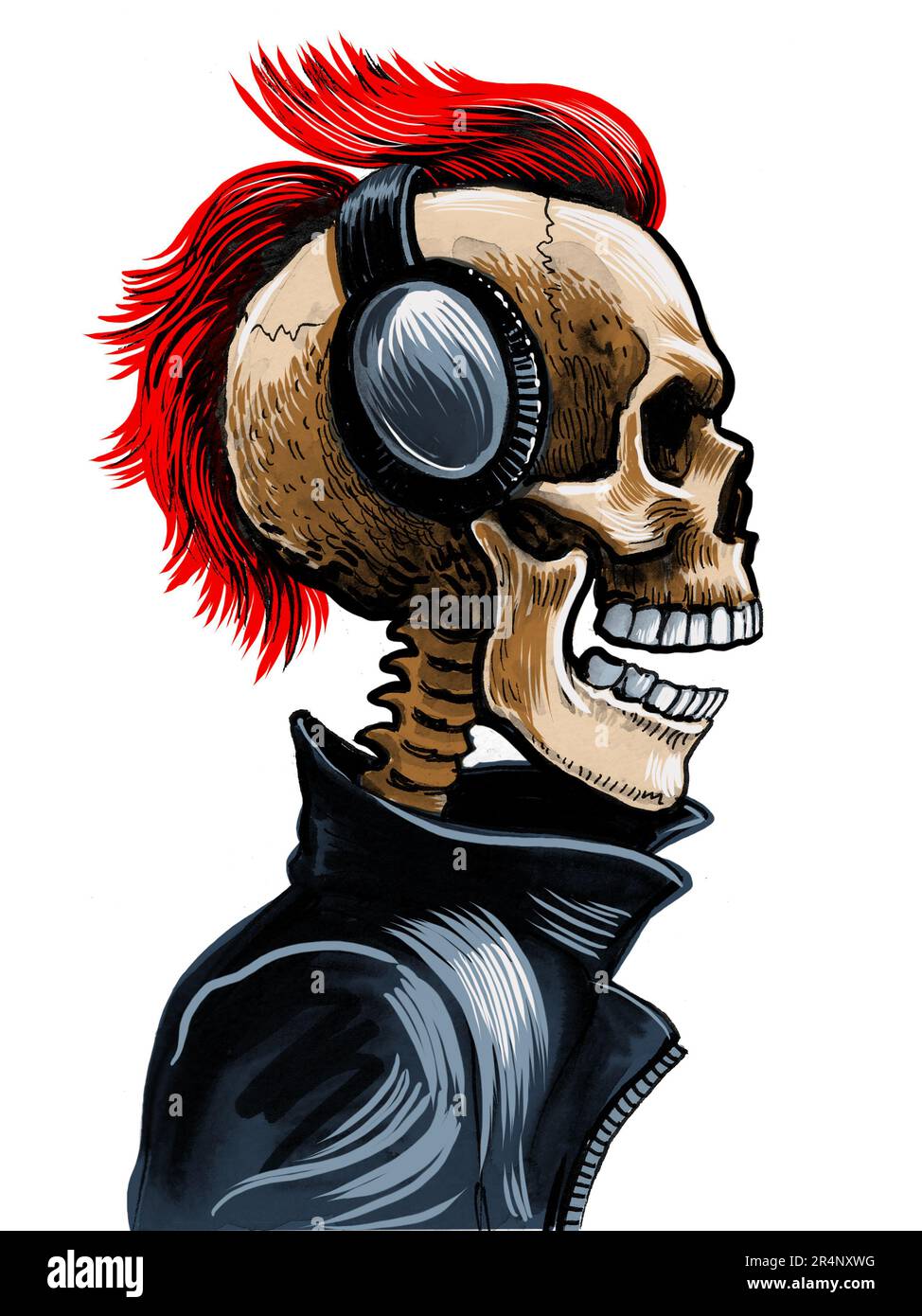 Scheletro dead punk che ascolta musica rock in cuffie. Inchiostro disegnato a mano su carta e colorato a mano su compressa Foto Stock
