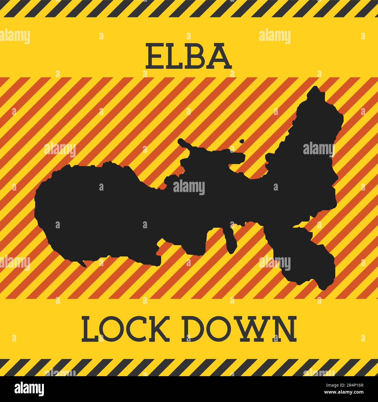 Cartello Elba Lock Down. Icona gialla di pericolo pandemico dell'isola. Illustrazione vettoriale. Illustrazione Vettoriale